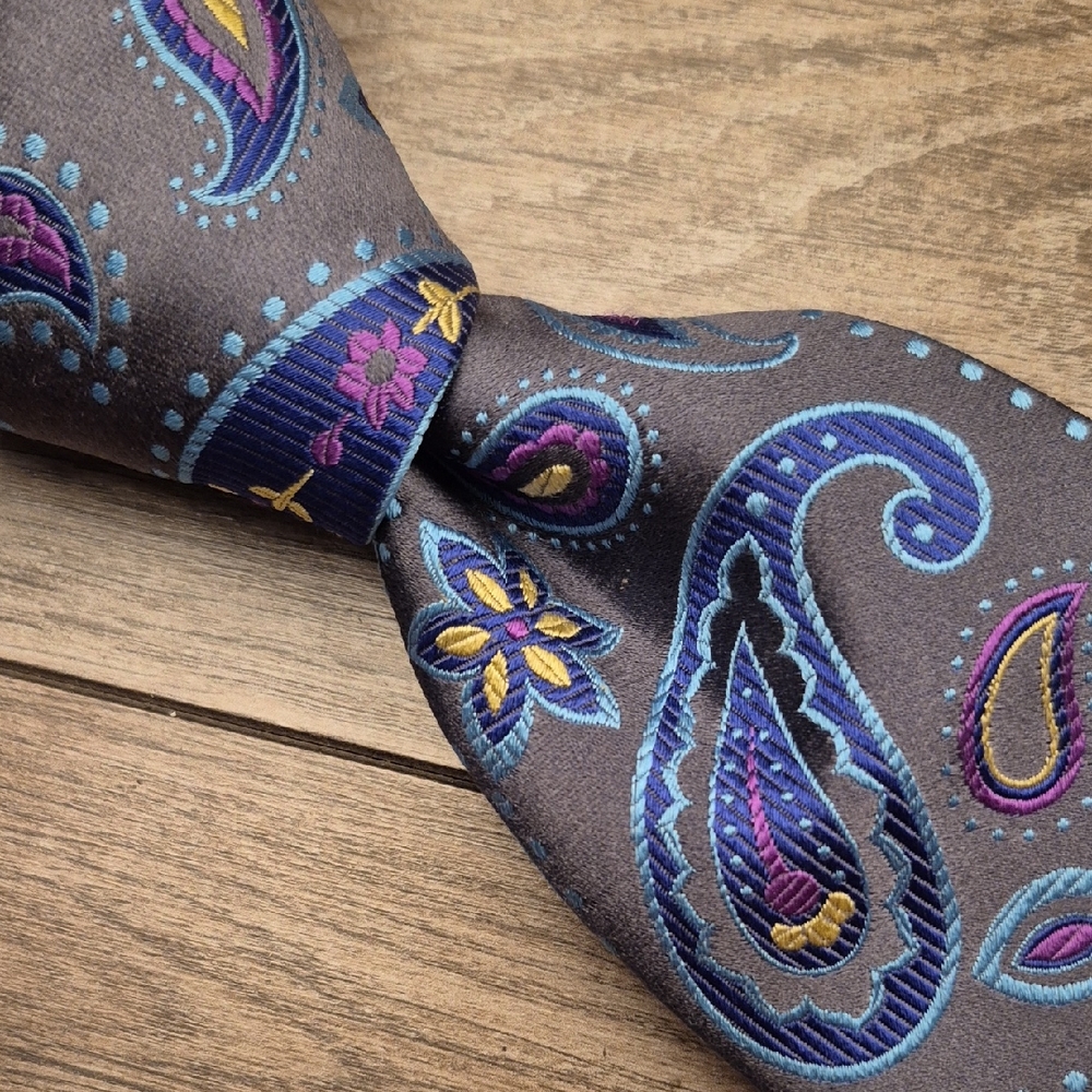 DUCHAMP London‎ Silver Blue Purple Paisley Pattern England Skinny Mens Silk Tie